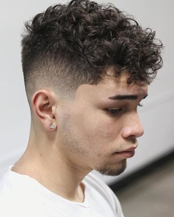 Messy Curly Hair with Taper Fade