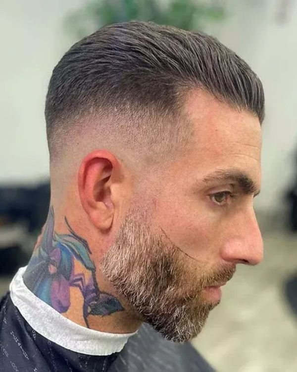 Short Slick Back with Mid Skin Fade and Beard