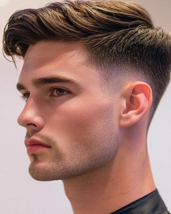 Side Swept Hair with Mid Taper Fade