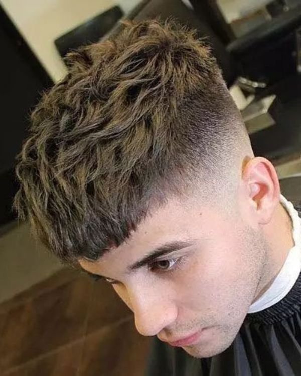 Thick Textured Crop Fade with Brushed Up Fringe