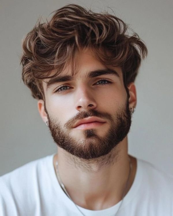 Tousled Medium Curls with Full Beard